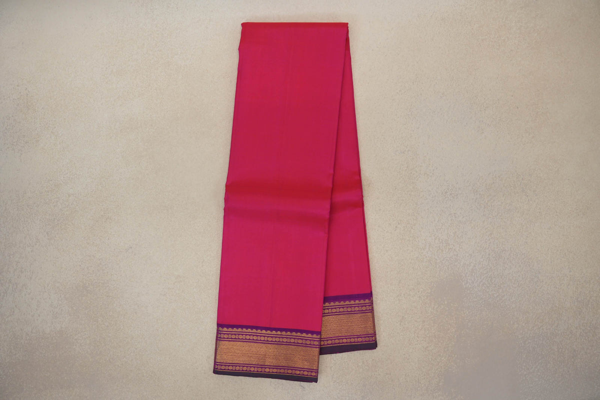 Orangish Pink with Deep Purple Borders with Deep Bottle Green Selvedge Vintage Kanjivaram Silk Saree by Shreenivas Silks PSSR0110252