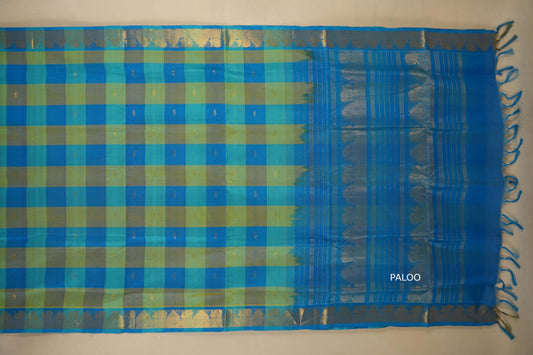 Blue and green checkered fabric with open paloo, silk cotton , nine and a half yards saree
