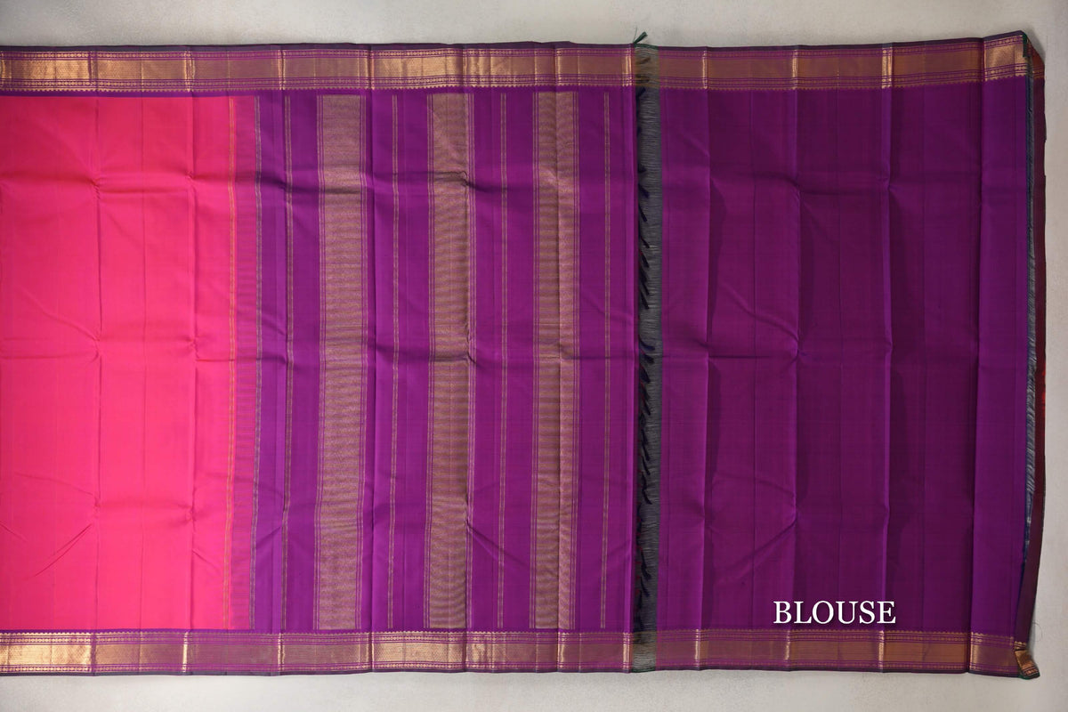 Orangish Pink with Deep Purple Borders with Deep Bottle Green Selvedge Vintage Kanjivaram Silk Saree by Shreenivas Silks PSSR0110252