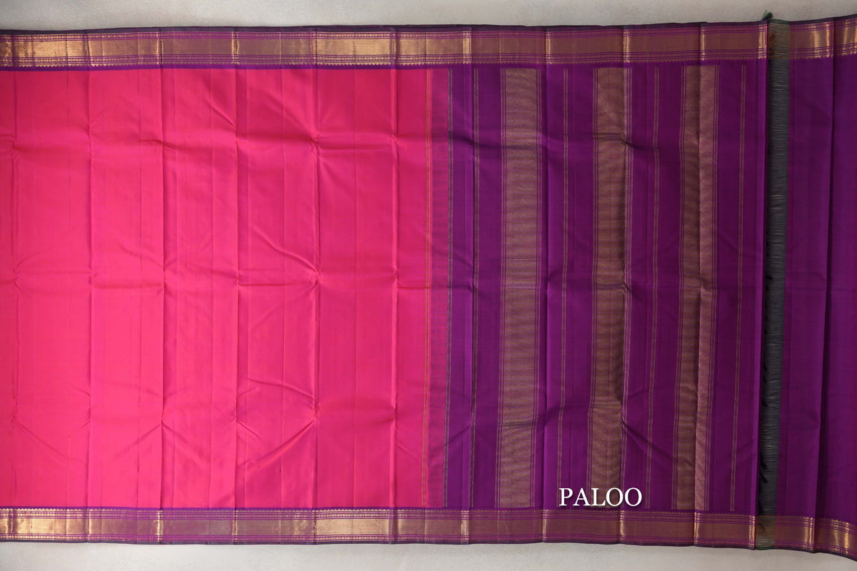 Orangish Pink with Deep Purple Borders with Deep Bottle Green Selvedge Vintage Kanjivaram Silk Saree by Shreenivas Silks PSSR0110252
