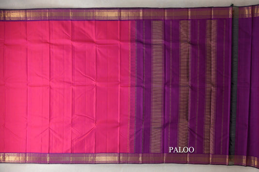 Orangish Pink with Deep Purple Borders with Deep Bottle Green Selvedge Vintage Kanjivaram Silk Saree paloo