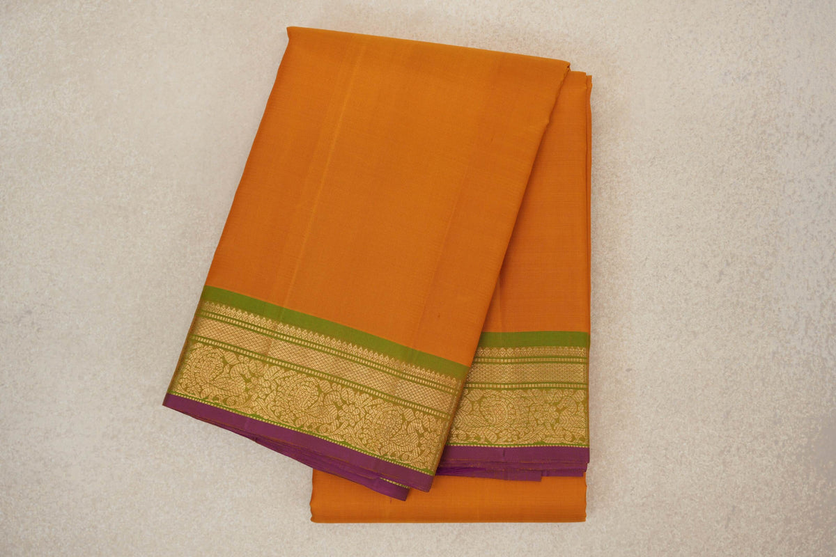Mango Orange with Light Leaf Green Borders with Deep Magenta Selvedge Vintage Kanjivaram Silk Saree by Shreenivas Silks PSSR0110253