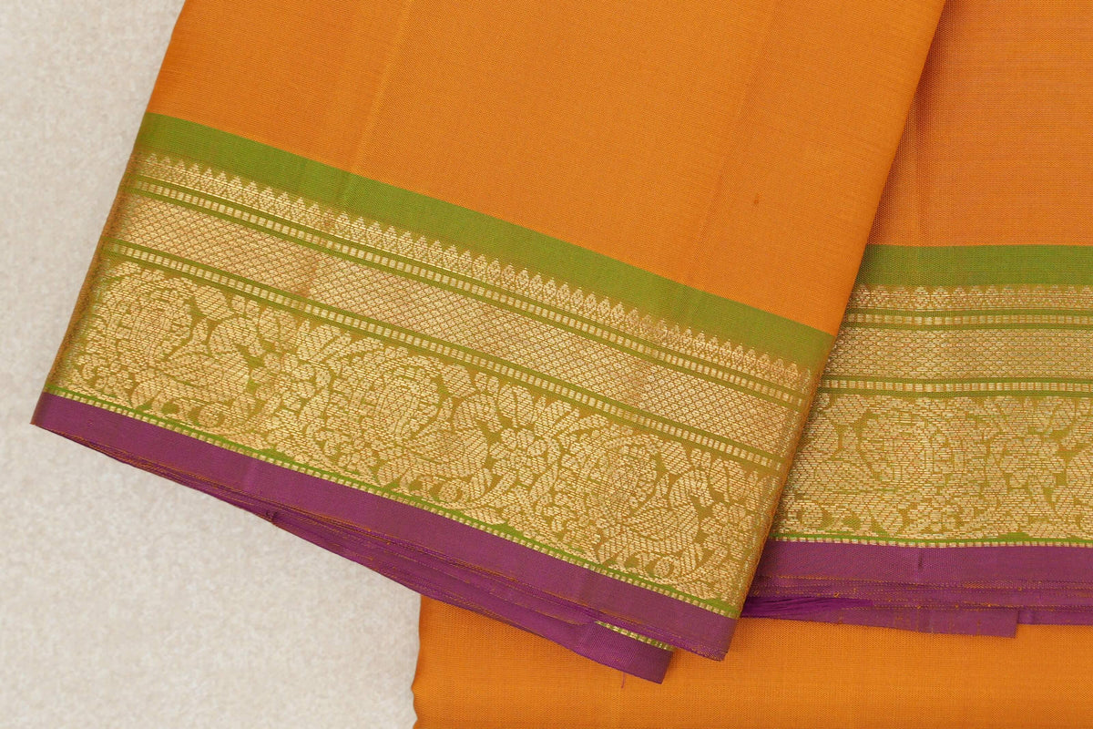 Mango Orange with Light Leaf Green Borders with Deep Magenta Selvedge Vintage Kanjivaram Silk Saree by Shreenivas Silks PSSR0110253