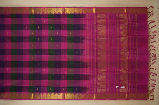 Checkered fabric with pink and green pattern on a gold border,open paloo, silk cotton , nine and a half yards saree