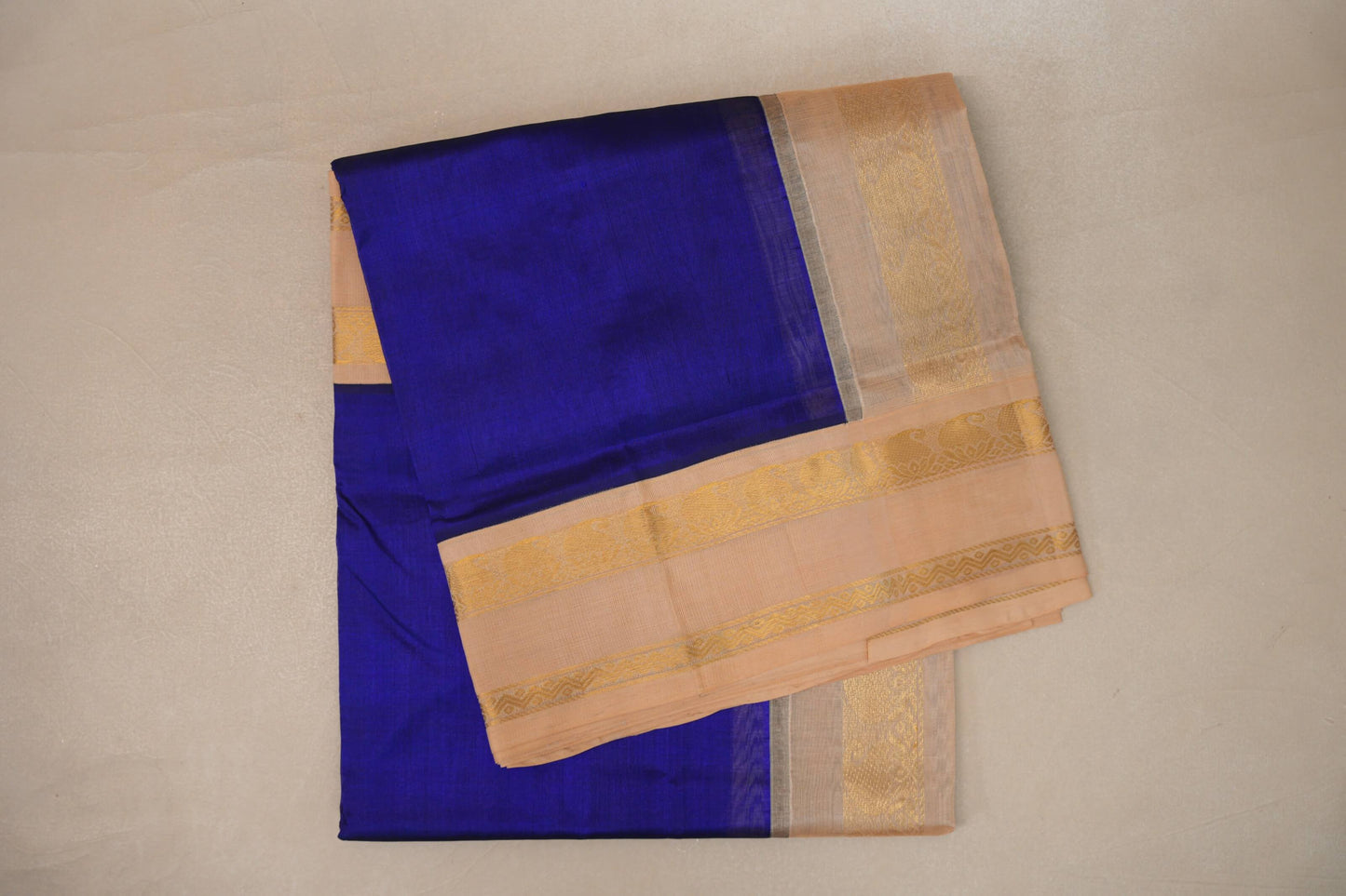 Royal Blue with Sandal Borders Vintage Silk Cotton Saree by Shreenivas Silks PSSR019127