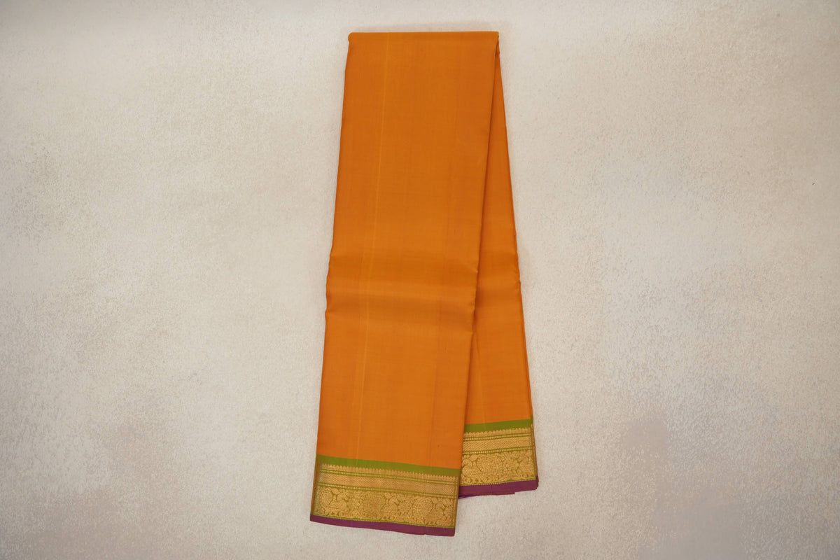 Mango Orange with Light Leaf Green Borders with Deep Magenta Selvedge Vintage Kanjivaram Silk Saree by Shreenivas Silks PSSR0110253