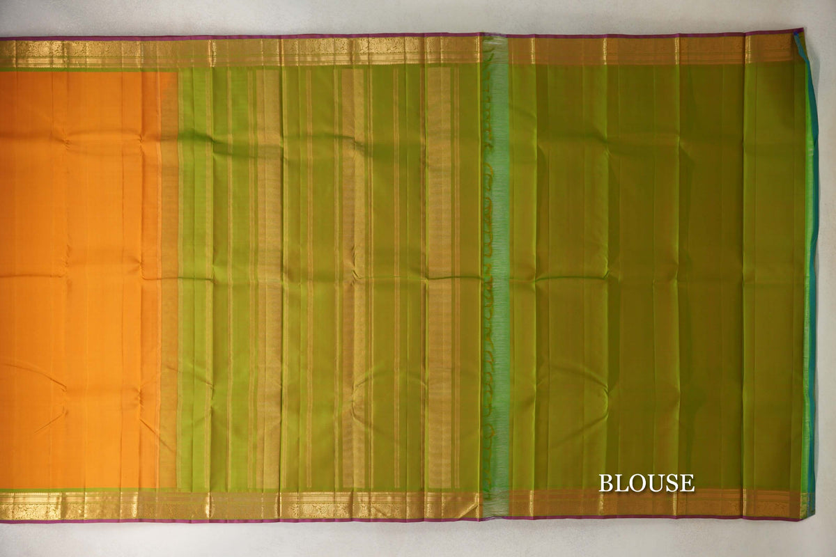 Mango Orange with Light Leaf Green Borders with Deep Magenta Selvedge Vintage Kanjivaram Silk Saree by Shreenivas Silks PSSR0110253