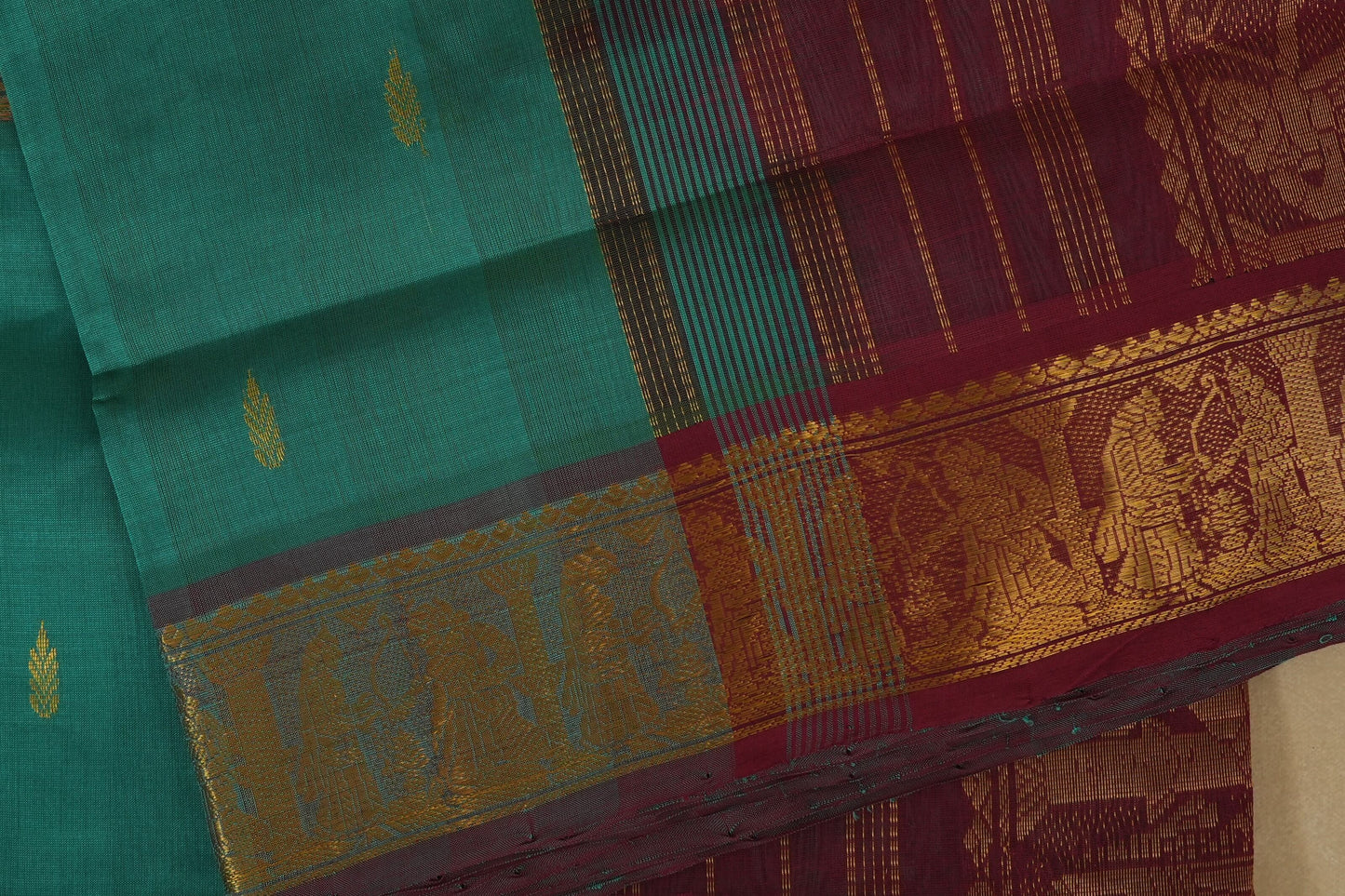 Teal and maroon saree with gold patterns, silk cotton , nine and a half yards saree close up