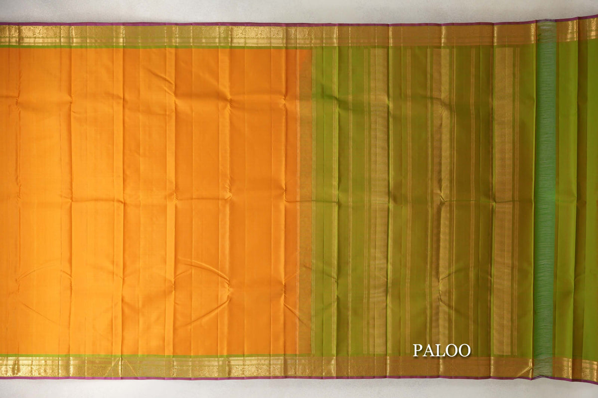 Mango Orange with Light Leaf Green Borders with Deep Magenta Selvedge Vintage Kanjivaram Silk Saree by Shreenivas Silks PSSR0110253