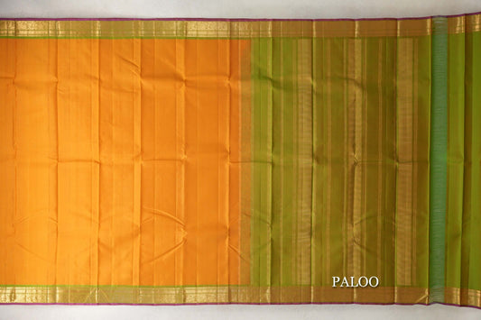 Mango Orange with Light Leaf Green Borders with Deep Magenta Selvedge Vintage Kanjivaram Silk Saree by Shreenivas Silks paloo