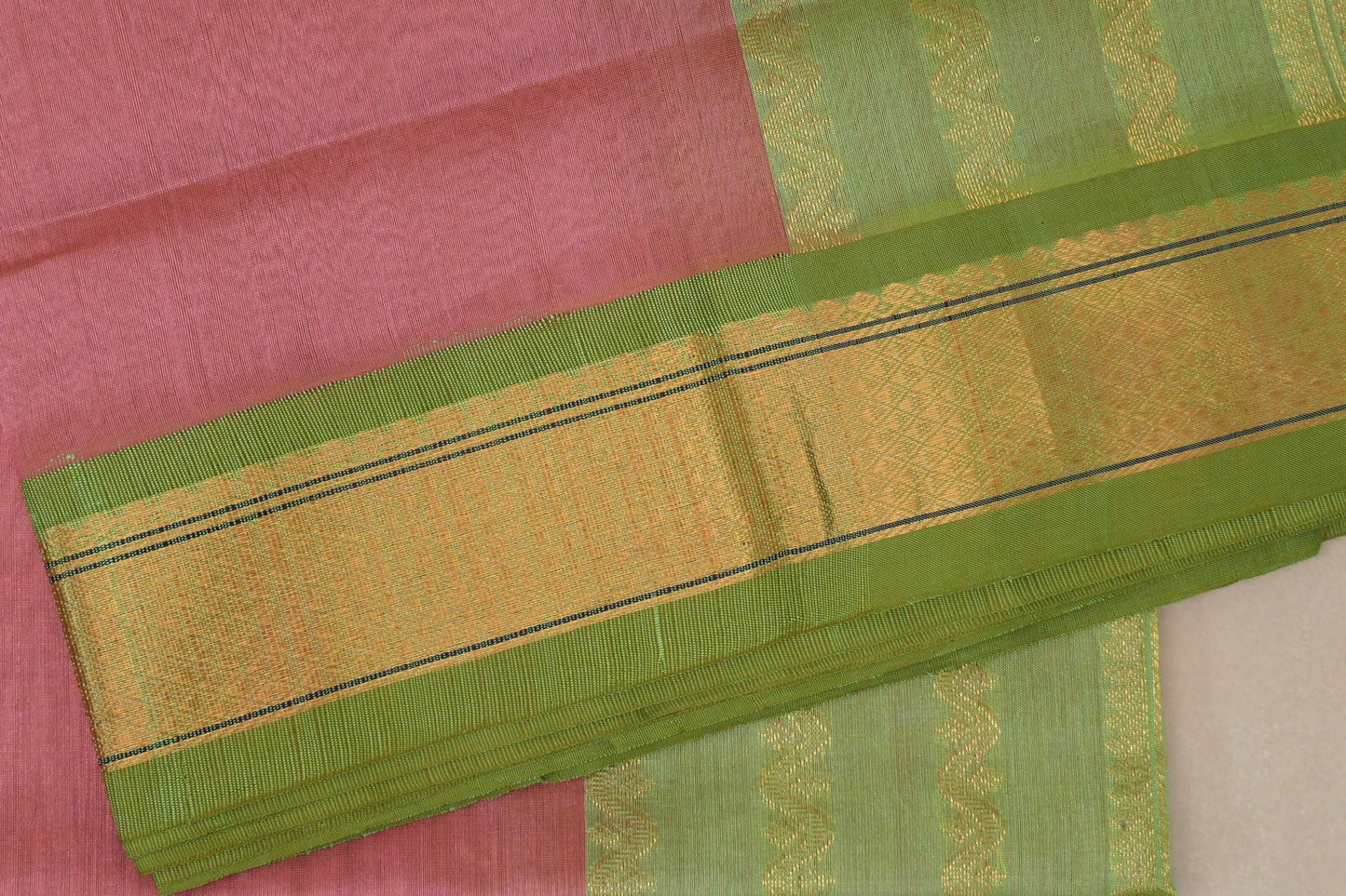 Sea Pink with Light Leaf Green Borders Vintage Silk Cotton Saree by Shreenivas Silks PSSR019128