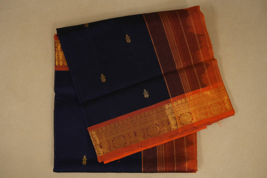 Navy blue and orange saree with gold motifs, silk cotton , nine and a half yards saree folded