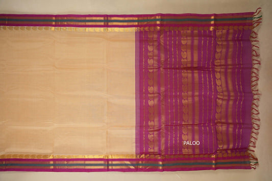 Beige saree with a purple border with popen paloo, silk cotton , nine and a half yards saree