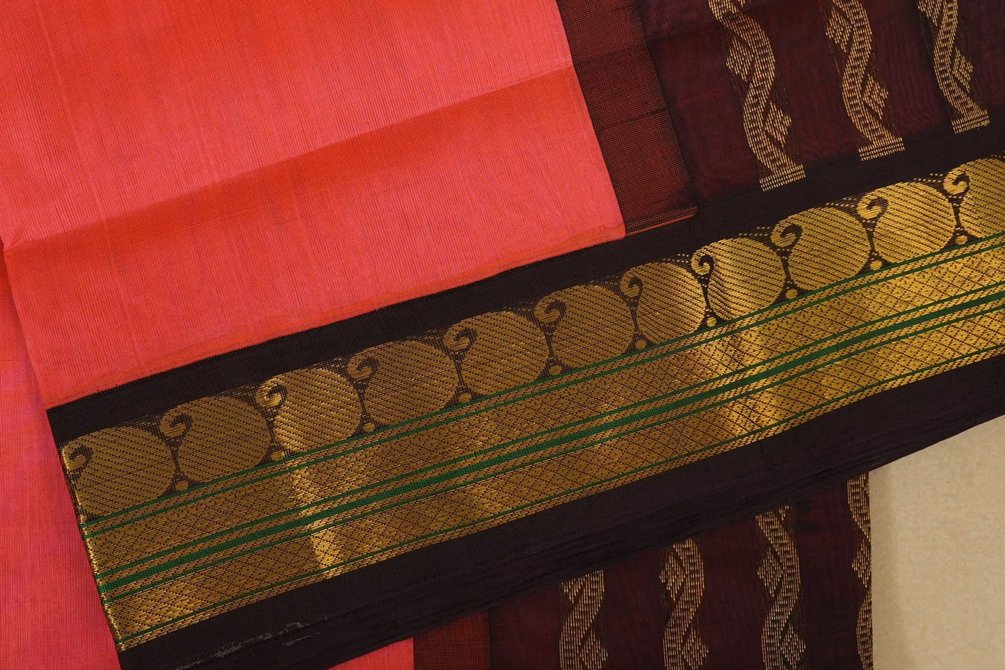 Peach and brown saree , silk cotton , nine and a half yards saree close up