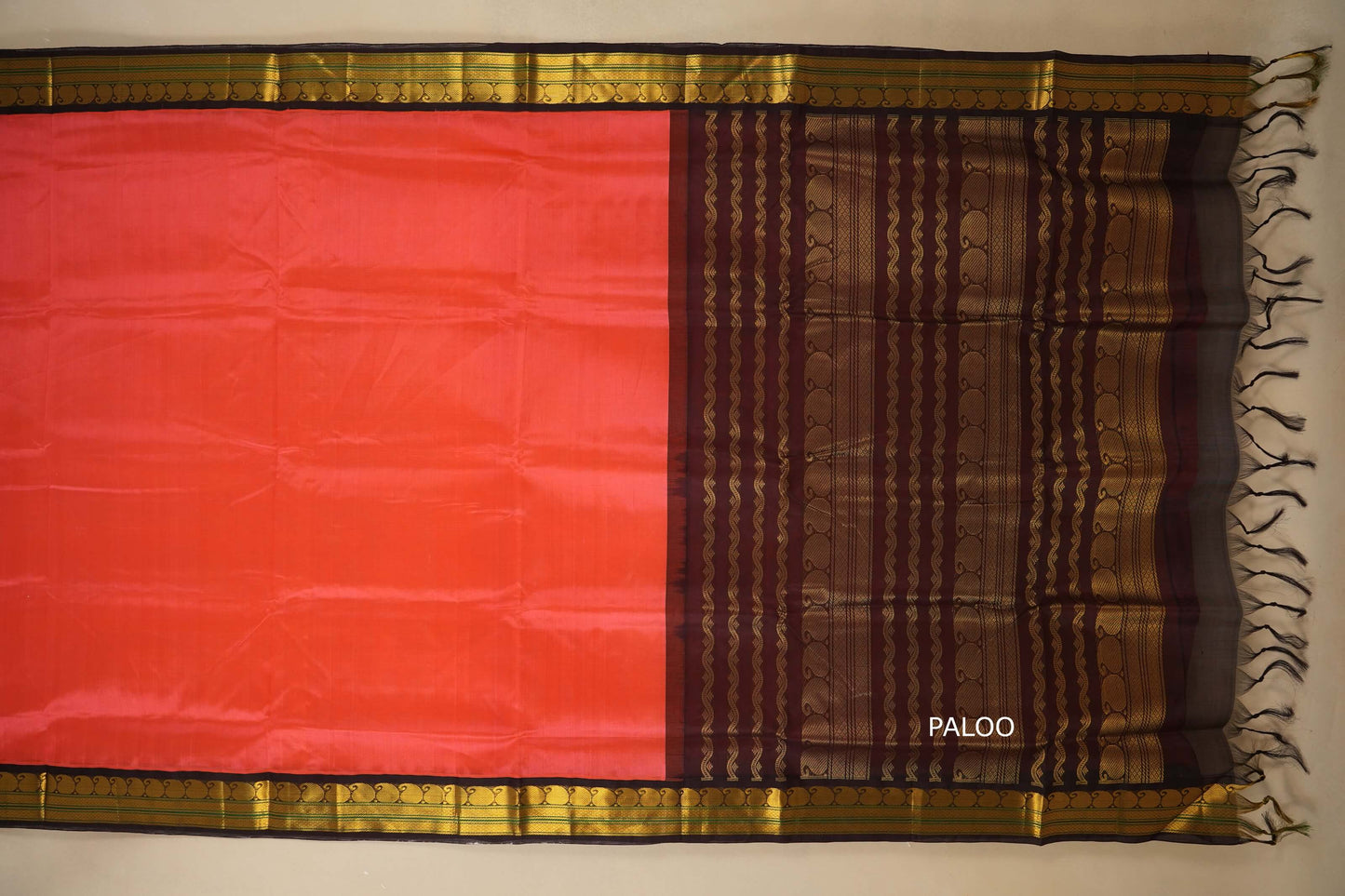 Peach and brown saree with gold border , silk cotton , nine and a half yards saree with paloo
