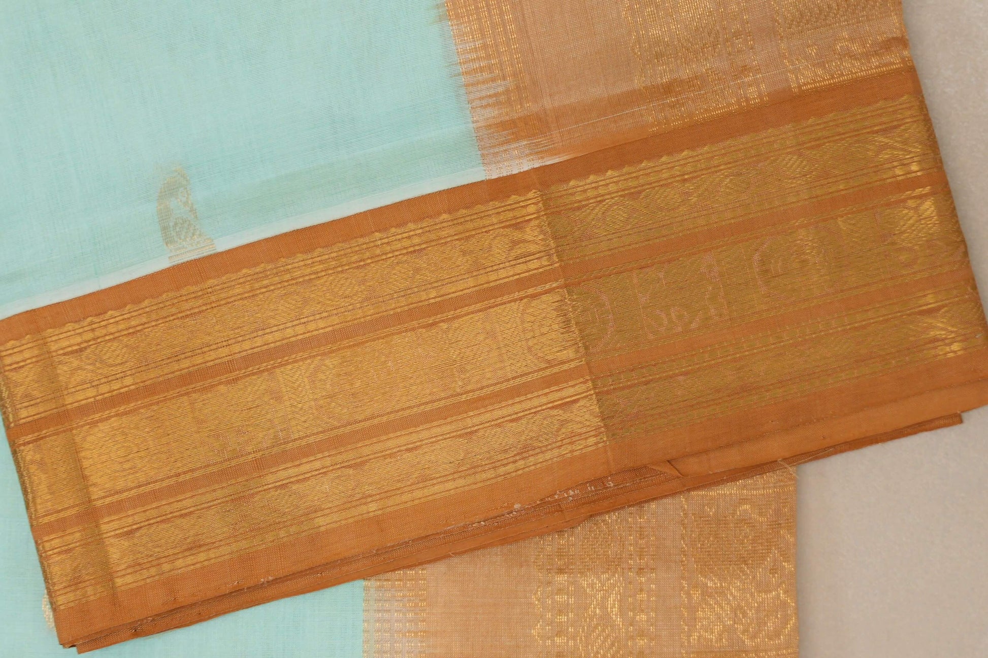 Pastel Sea Green with Copper Gold Borders Vintage Silk Cotton Saree border zoom