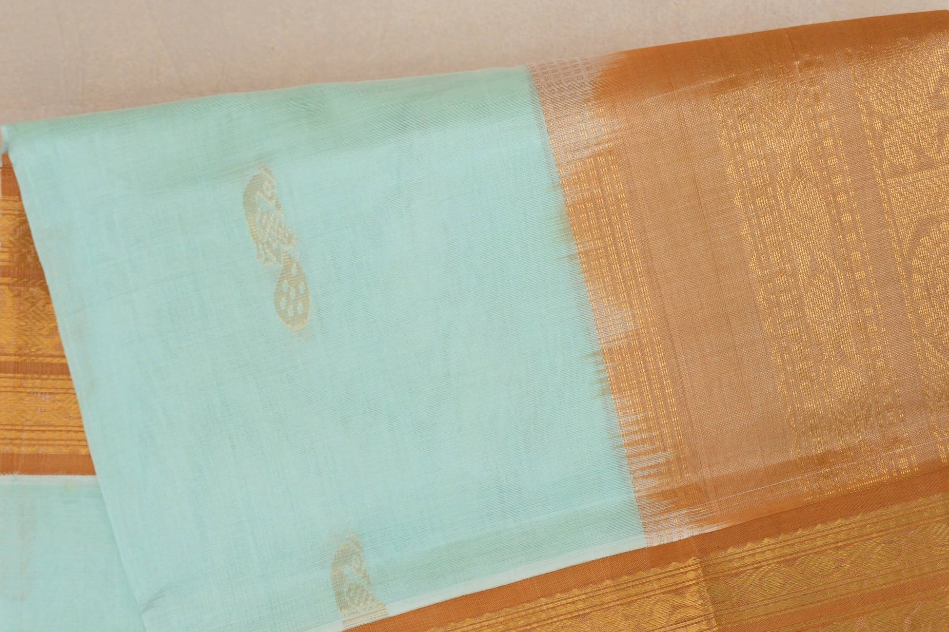 Pastel Sea Green with Copper Gold Borders Vintage Silk Cotton Saree body zoom