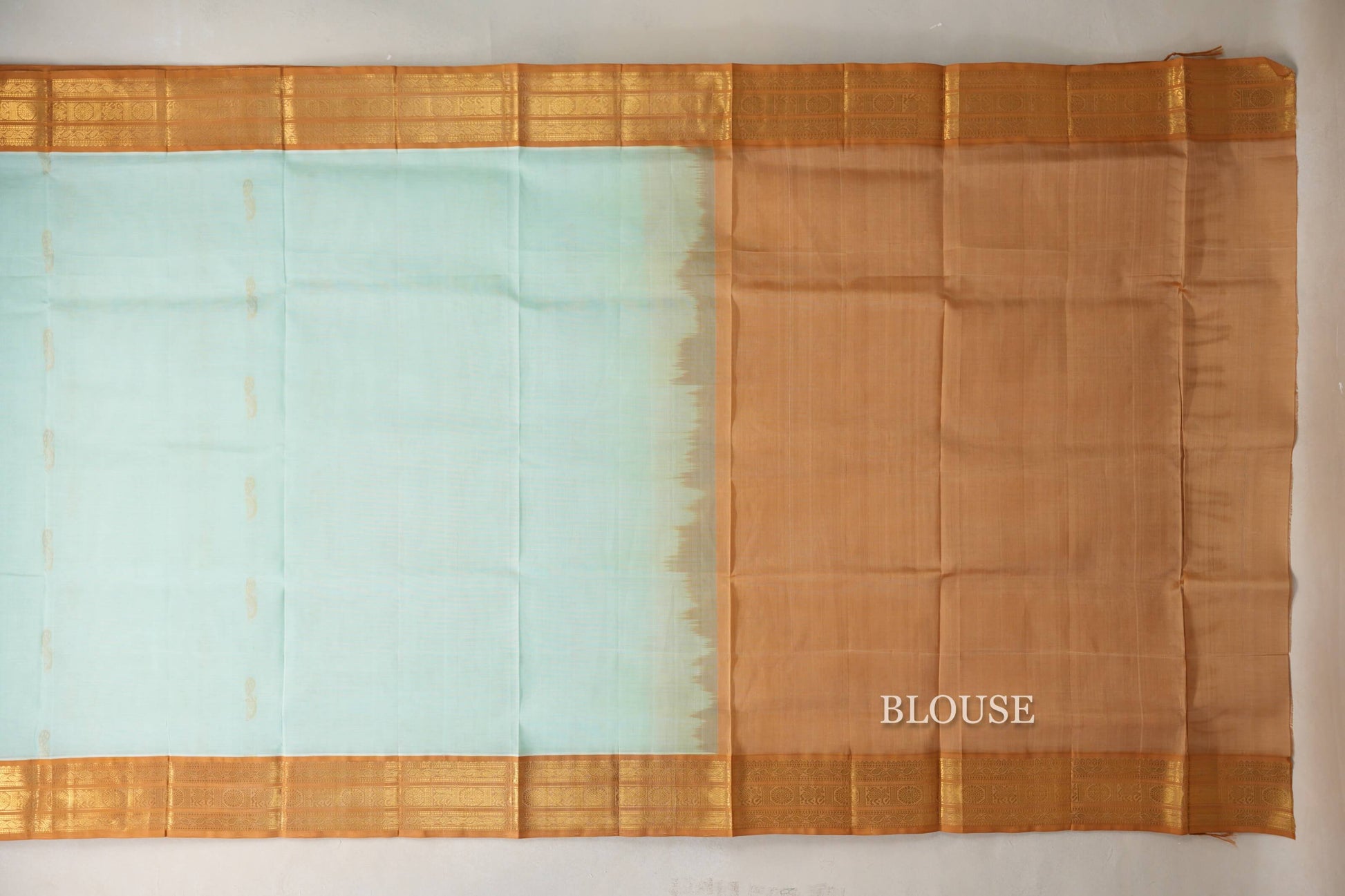 Pastel Sea Green with Copper Gold Borders Vintage Silk Cotton Saree blouse