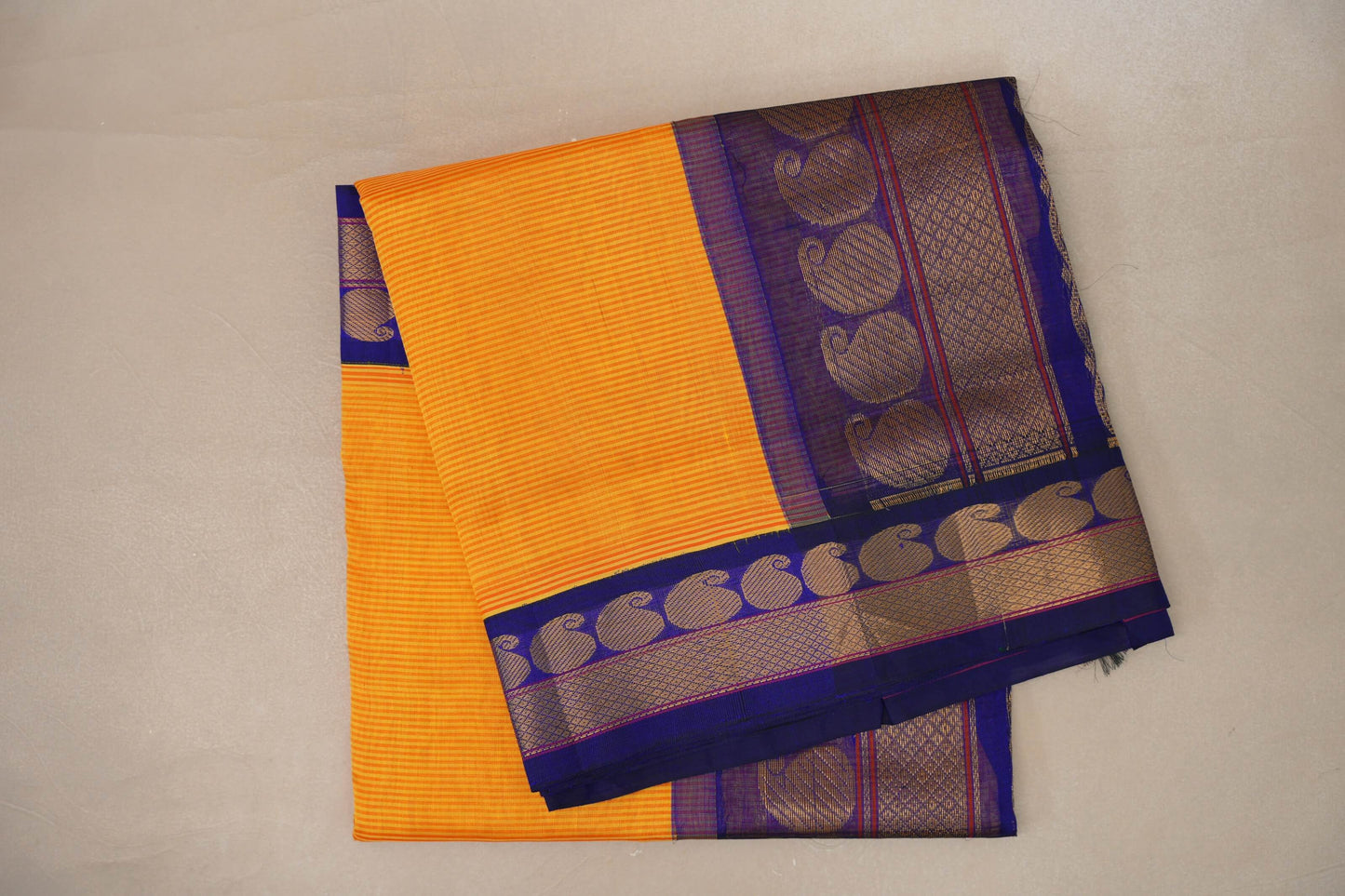 folded Yellow with Red Stripes with Deep Blue Borders Vintage Silk Cotton Saree