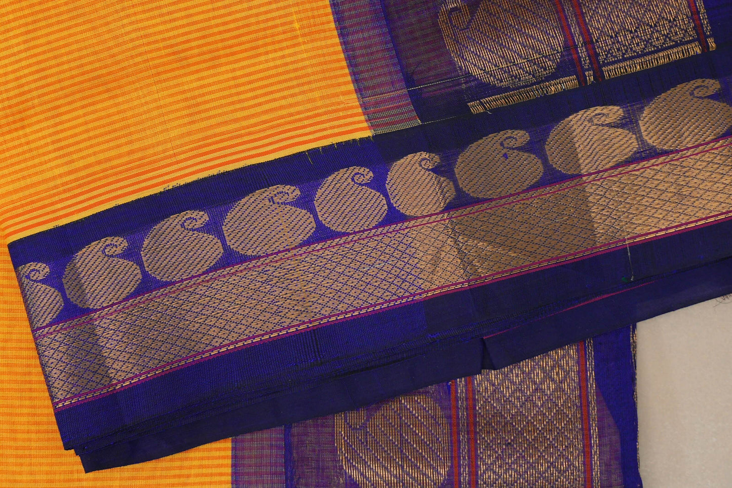 Yellow with Red Stripes Vintage Silk Cotton Saree border zoom