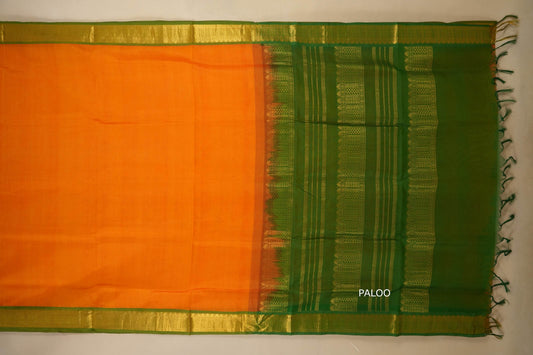 Orange and green saree with plaoo, silk cotton , nine and a half yards saree
