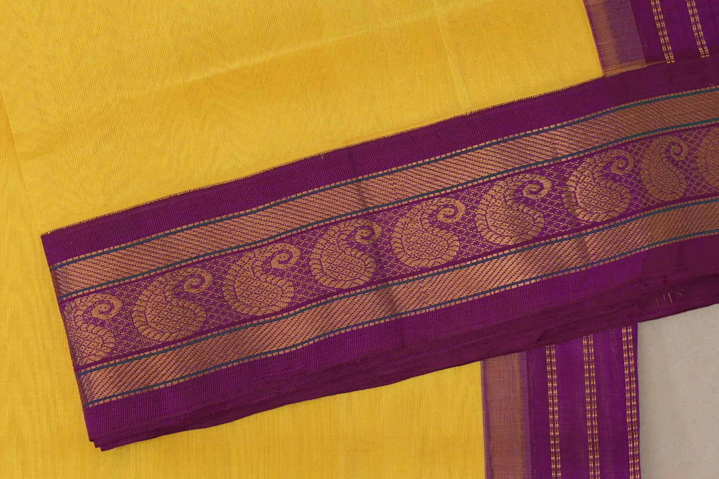 Bright yellow Vintage Silk Cotton Saree  border zoom