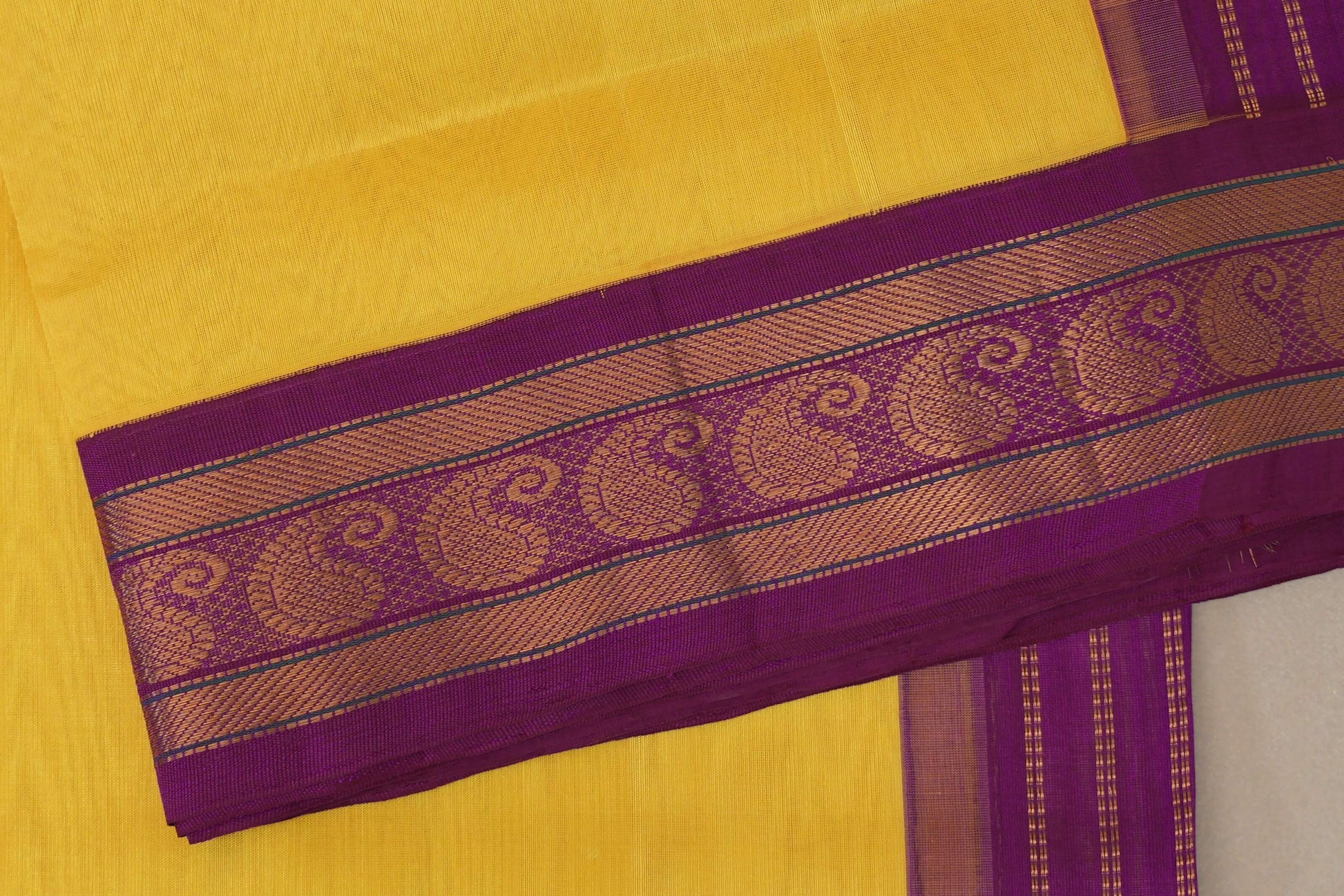 Bright yellow Vintage Silk Cotton Saree  border zoom