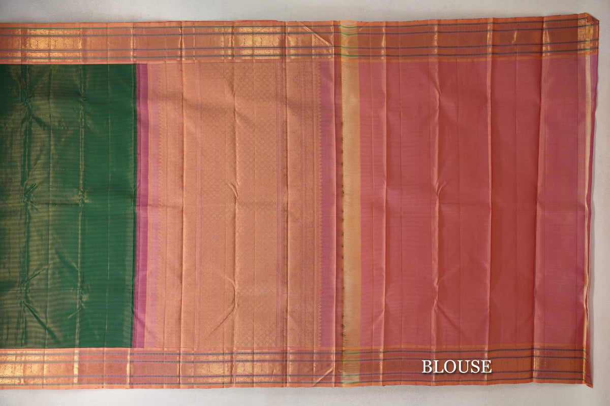 Dark Bottle Green Vintage Kanjivaram Silk Saree blouse