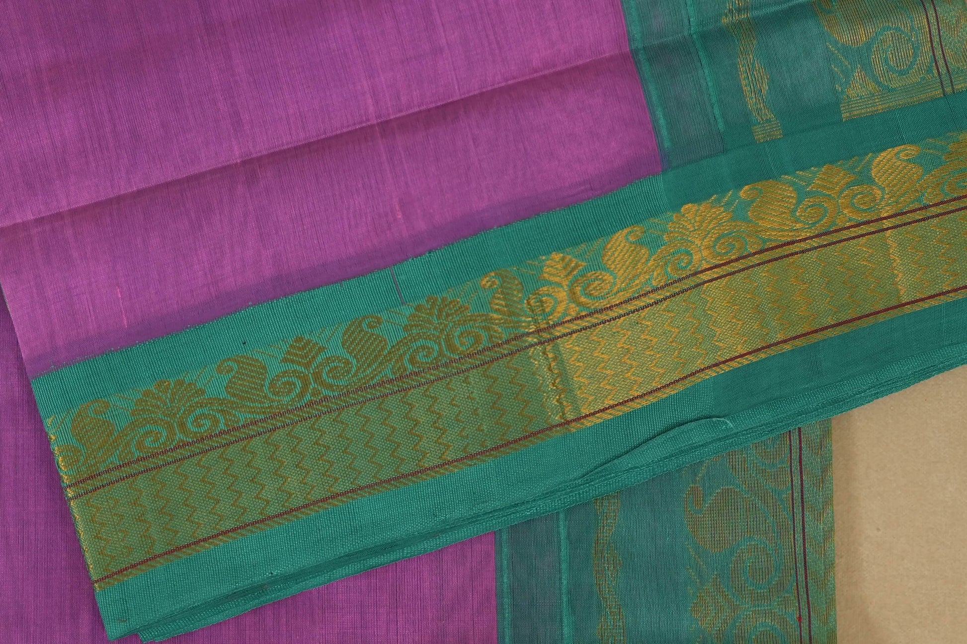 Purple and teal saree with a decorative border,silk cotton , nine and a half yards saree
