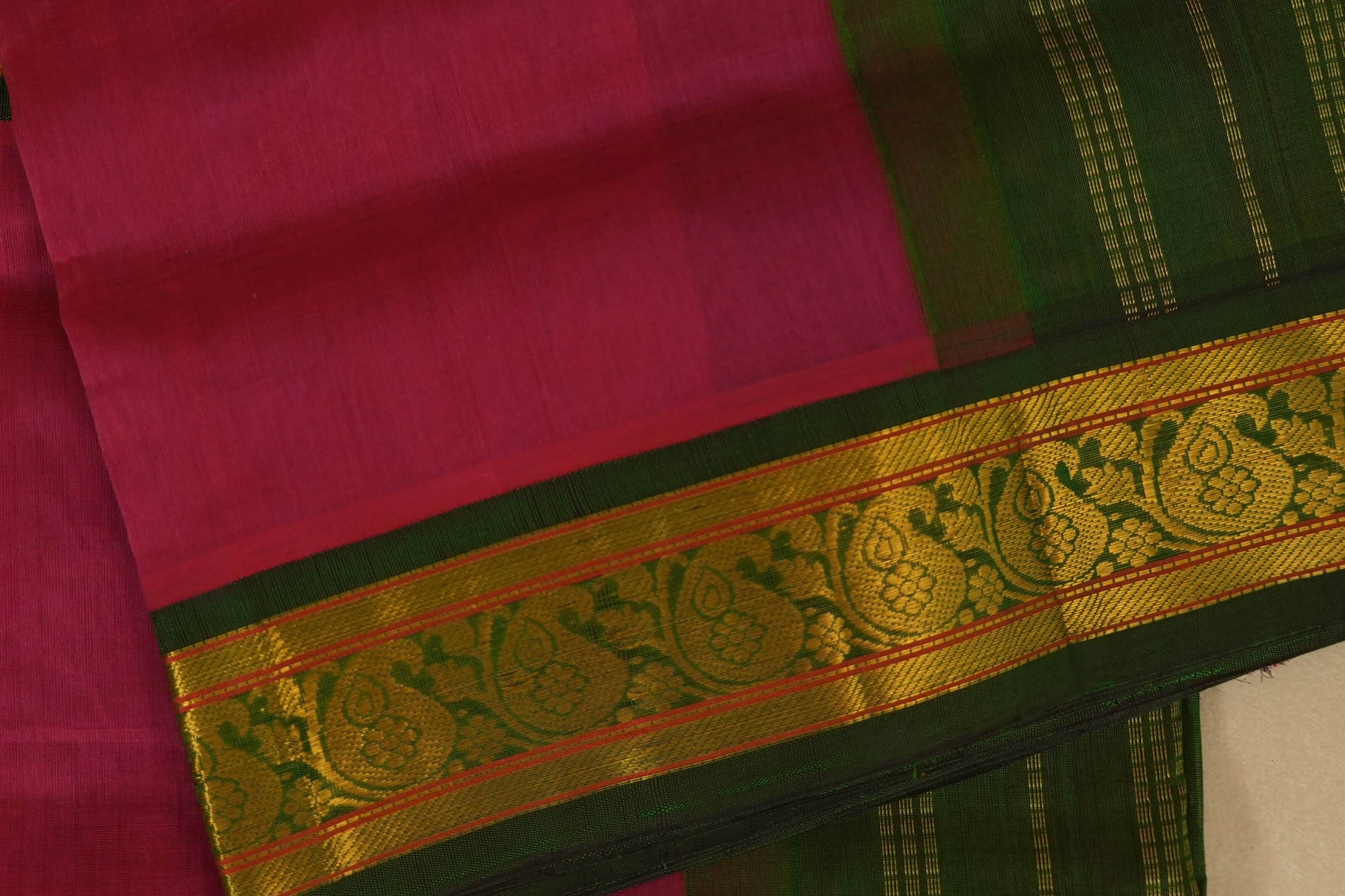 Pink saree with green border and intricate gold pattern, silk cotton , nine and a half yards saree