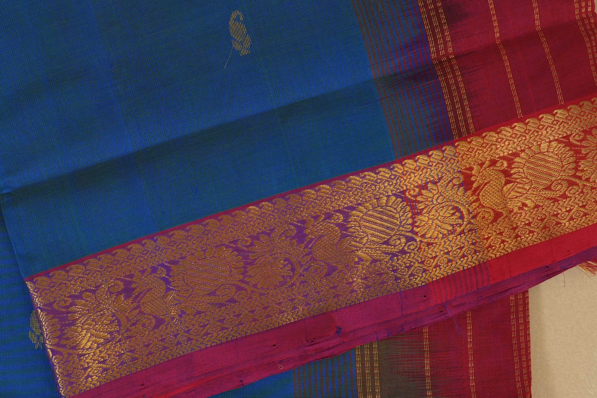 Blue and red saree ,  silk cotton, nine and a half yards,  close up borders