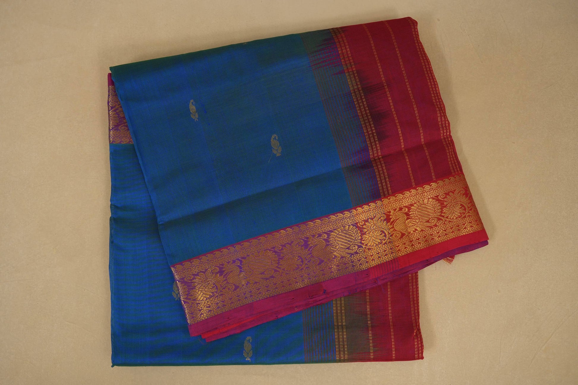 Blue saree with a red border  silk cotton, nine and a half yards, , folded