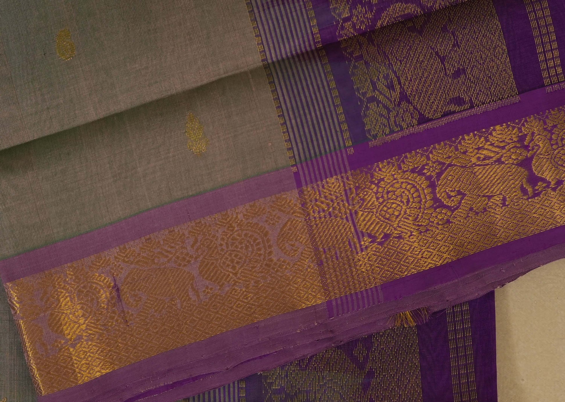 close up of greyish blue saree borders,  silk cotton, nine and a half yards, 
