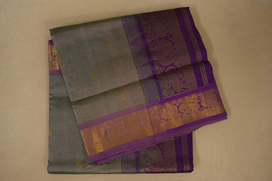 greyish blue Sari with a purple and gold border,  silk cotton, nine and a half yards,  folded