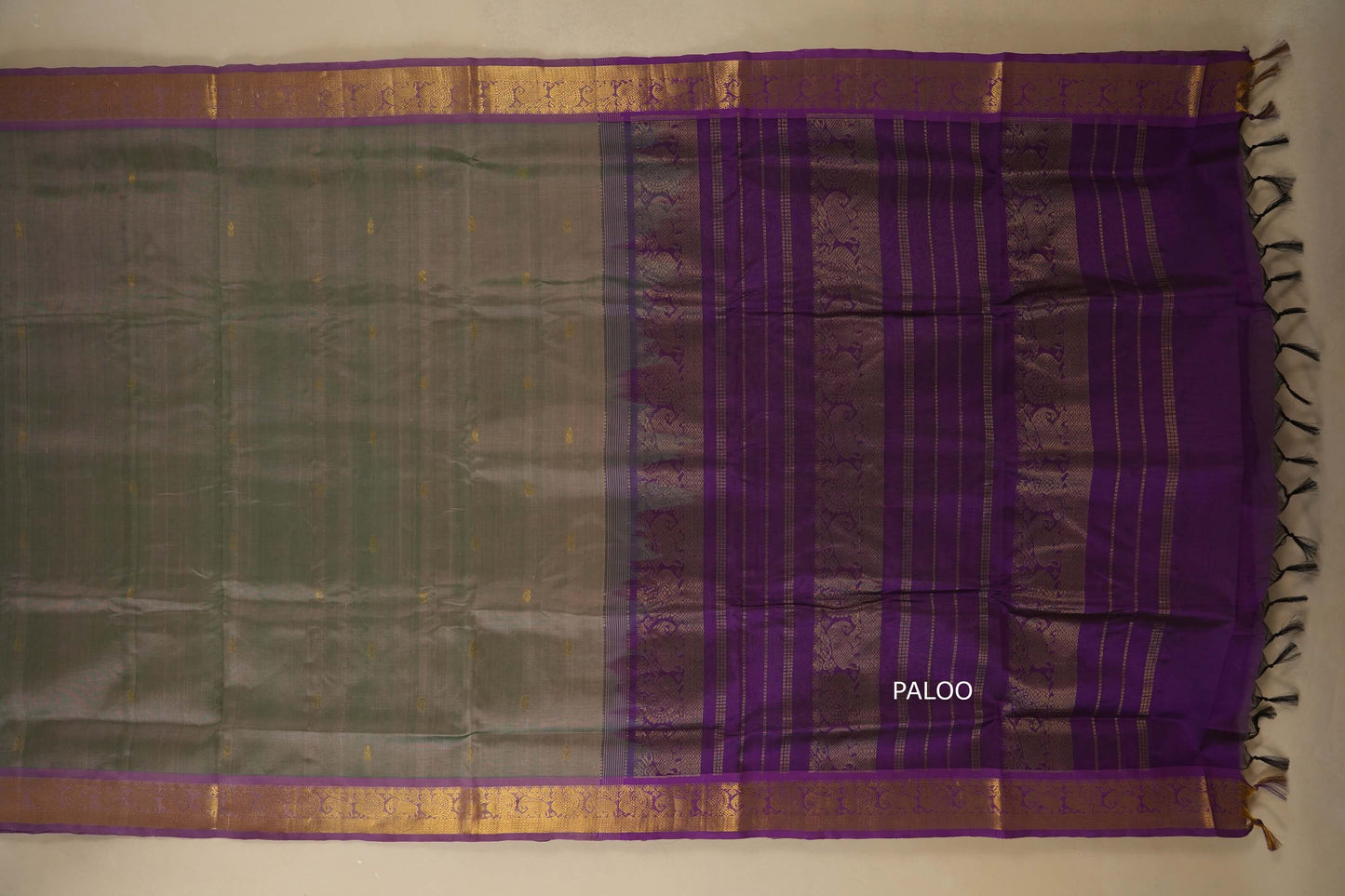 greyish blue saree with purple borders and paloo,  silk cotton, nine and a half yards, 