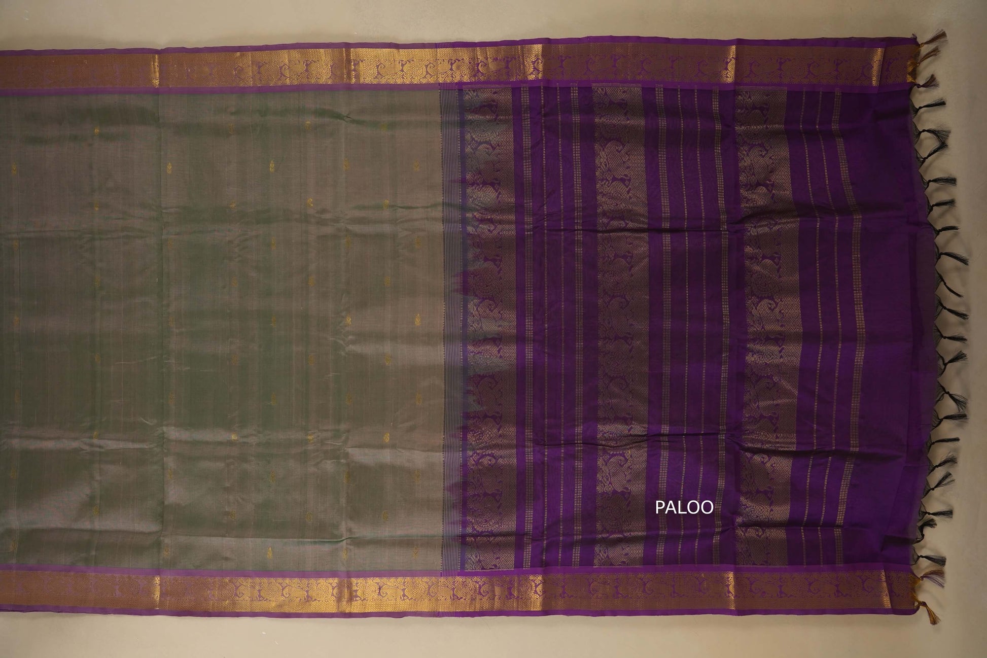 greyish blue saree with purple borders and paloo,  silk cotton, nine and a half yards, 