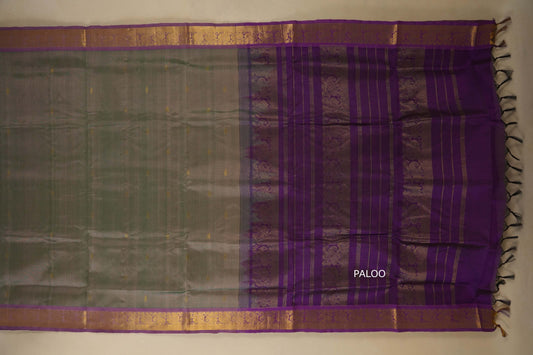 greyish blue saree with purple borders and paloo, silk cotton, nine and a half yards,