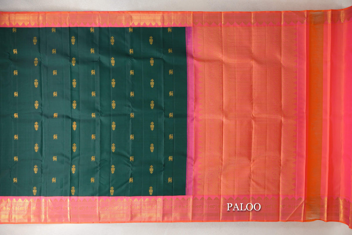 Dark Bottle Green Vintage Kanjivaram Silk Saree paloo