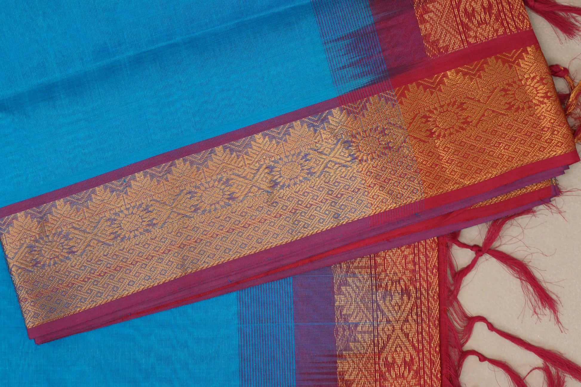 Dark Sky Blue Vintage Silk Cotton Saree  border zoom