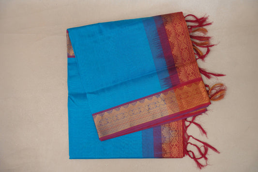 folded Dark Sky Blue Vintage Silk Cotton Saree 