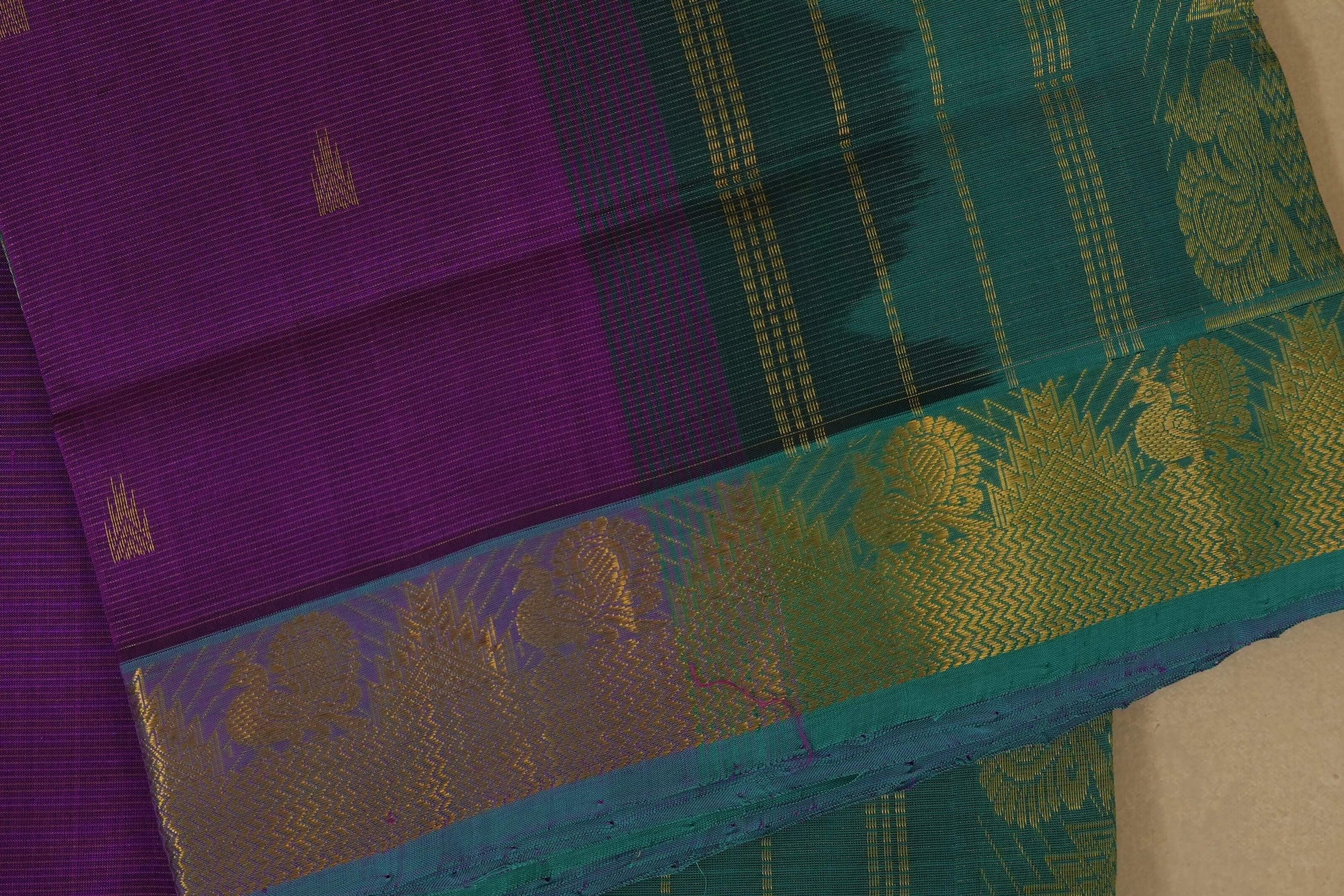 Purple and green saree.  silk cotton, nine and a half yards, close up