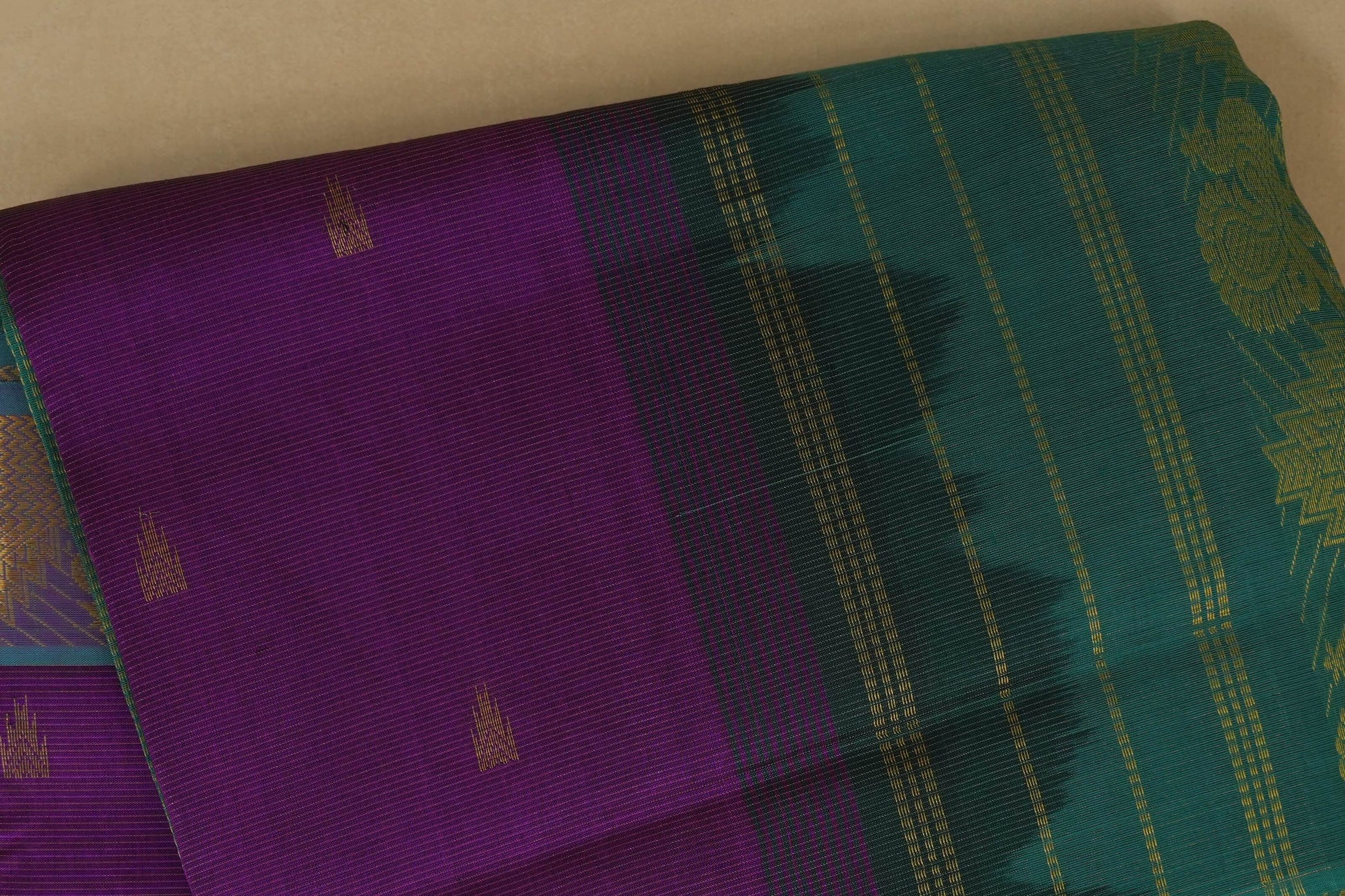 Purple and green saree,  silk cotton, nine and a half yards, close up