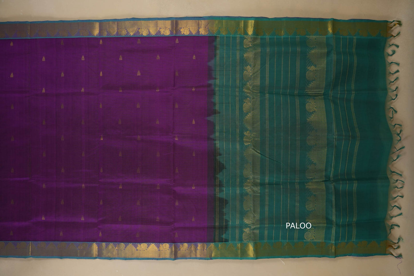 Purple and green saree , silk cotton, nine and a half yards, with paloo