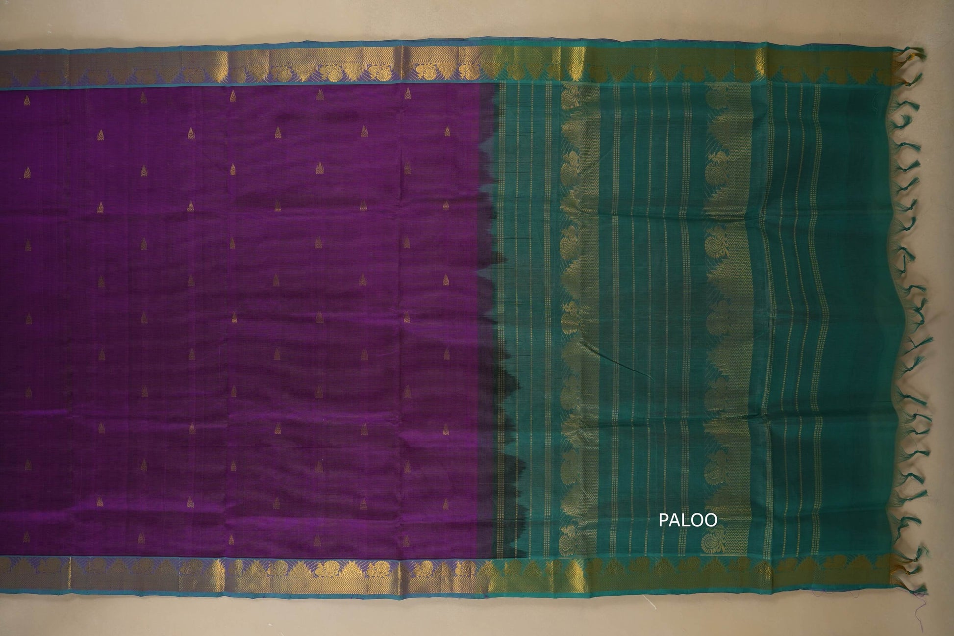 Purple and green saree , silk cotton, nine and a half yards, with paloo