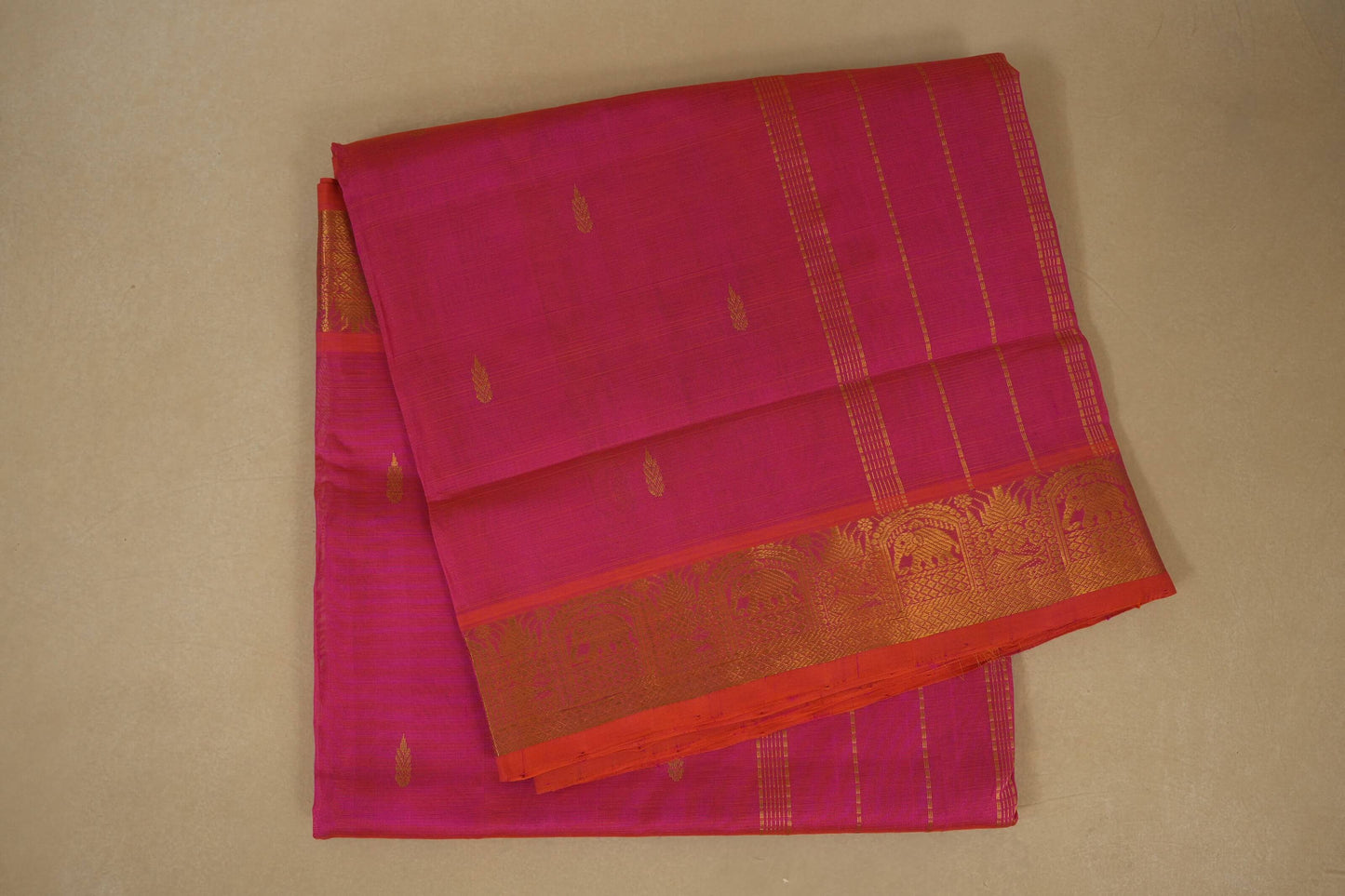 Pink saree with orange border, silk cotton, nine and a half yards, folded