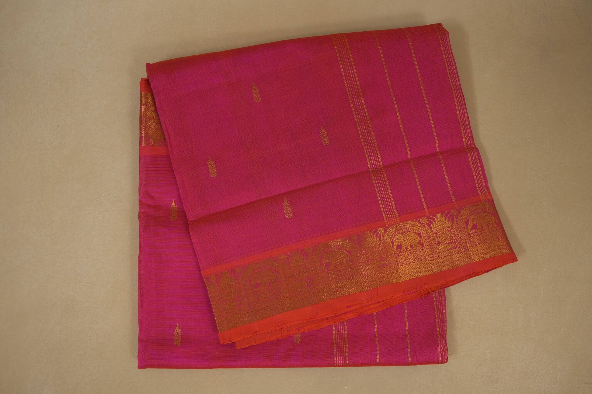 Pink saree with orange border, silk cotton, nine and a half yards, folded