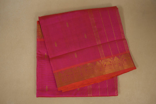 Pink saree with orange border, silk cotton, nine and a half yards, folded