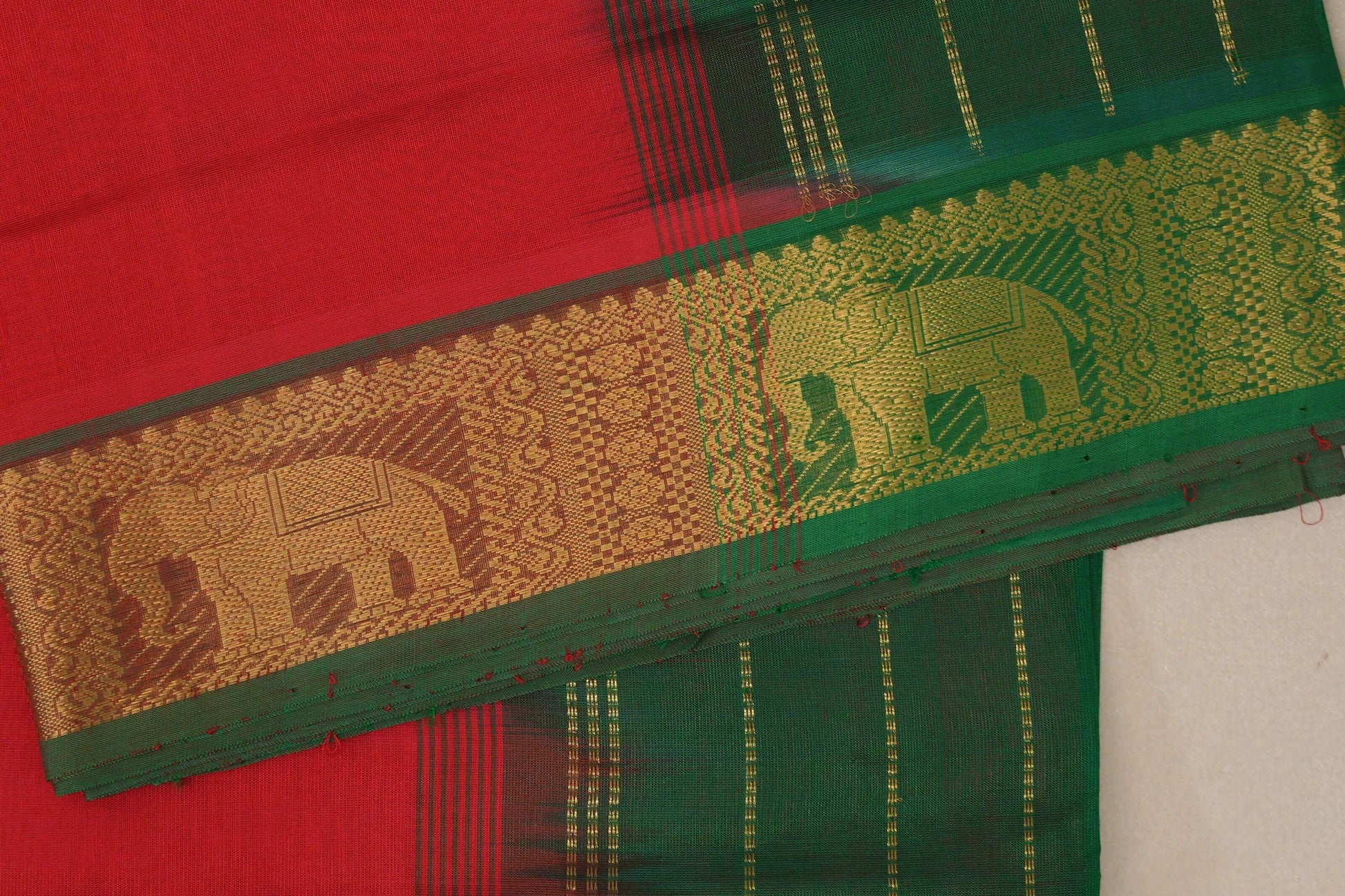 Bright Red Vintage Silk Cotton Saree  border zoom