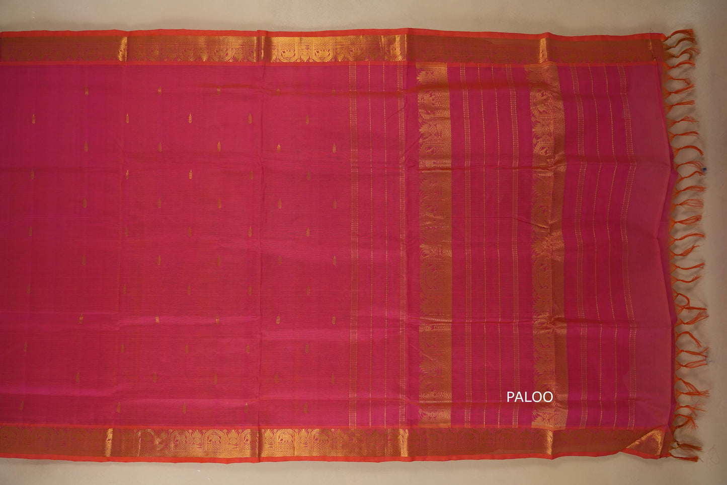Pink saree with gold border , silk cotton, nine and a half yards, 