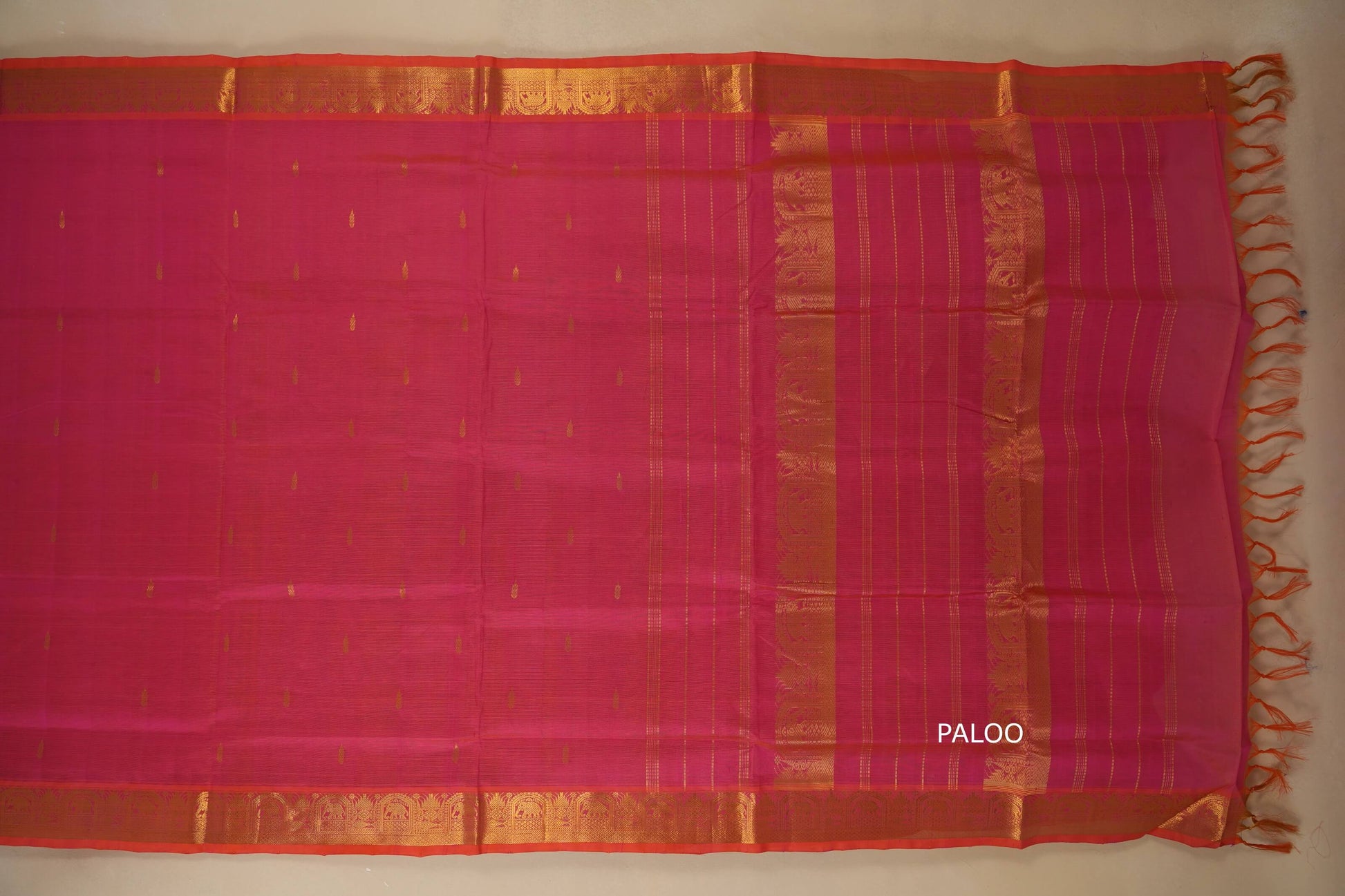 Pink saree with gold border , silk cotton, nine and a half yards, 